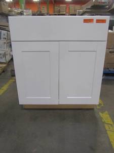 lot 150 image: Hampton Bay Shaker Assembled 36x34.5x24 in. Blind Base Corner Kitchen Cabinet in Satin White KBBC45-SW