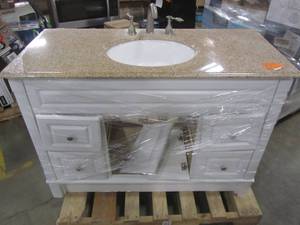 lot 155 image: White 49 x 34.5 Single Sink Vanity Cabinet with Top & Faucet