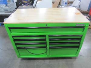 lot 157 image: International 46 in. W x 24.5 in. D 9-Drawer Tool Chest Mobile Workbench with Solid Wood Top in Green ITB46MWC9GRXD