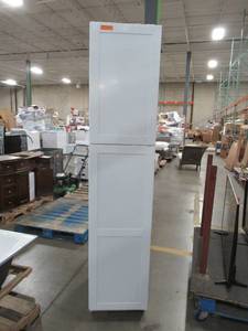 lot 347 image: Diamond NOW Arcadia 18-in W x 84-in H x 23.75-in D TrueColor White Door Pantry Cabinet U18R - Hole on Lower LH Side Panel.