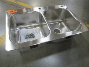 lot 359 image: Elkay LWFDB332292 Stainless Steel Double-Basin Drop-in 2-Hole Kitchen Sink - Corners are slightly bent.