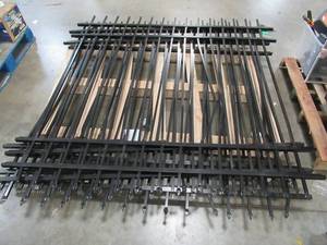 lot 368 image: 4 Freedom 5.89-ft x 6.026-ft) Standard Providence Black Aluminum Spaced Picket Decorative Fence Panels 73002352 Some bars are bent and some finials as well.