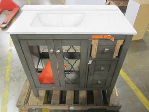 lot 232 image: allen  roth 36 in. Everdene Grey Single Sink Vanity with Carrera White Engineered Stone Top WSLW36LGV