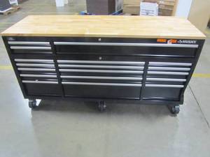 lot 236 image: Husky 72 in. 18-Drawer Mobile Workbench with Solid Wood Top, Black HOTC7218B11MYS