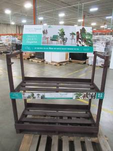 lot 393 image: Dark Brown Slatted 2 Shelf Plant Stand - Some small scratches. Measures 46 12 X 21 34 X 46 14 Tall.