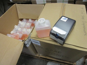 lot 128 image: LITER BOTTLES OF DIAL SOAP WITH DISPENSERS
