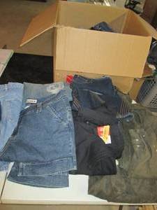 lot 201 image: Size 24 Ladies Large Lot of JeansOverallsSkirts RegularWidePetite (Box Size22 X 20 X 18)