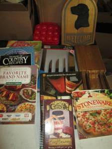lot 228 image: Cookbooks, Knife Set, Knife Block With Knives, Egg Crate, Welcome Dog Wall Hanging