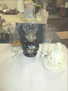 lot 232 image: Tealight Snowman, Hard Rock Cafe Glass, Porshe Glass, Oil Lantern 2-3A