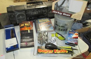 lot 237 image: Stereo, Books, Knives, Minnow Bucket, Jerky Gun Kit