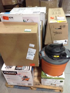 Pallet with big box items from major retailer. They are customer returns. Some of the contents of this pallets are  kitchen sink  vacuums universal toilet bowl 2 pull out trays  grill 16inch lawn mower.