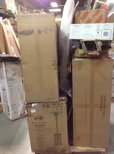 Pallet with big box items from major retailer. They are customer returns. Some of the contents of this pallets are  String trimmer  outdoor patio heater sink shower head much more