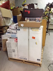 Pallet with big box items from major retailer. They are customer returns. Some of the contents of this pallets are Console table tile spiltter drywall taper Milwaukee palm sander vacuum nail gun husky storage box  and much more
