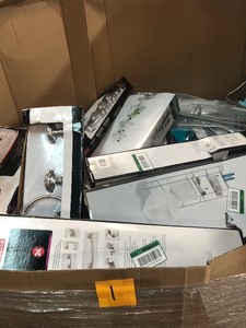 Gaylord full of Bathroom Towel Bars, Toilet Paper Holders Shelves and moreCustomer Returns open boxes some missing pieces items were not fully inspected