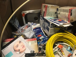 Gaylord full of assorted plumbing items pipe, hoses, flexible pipes, cutters, mirrrors, water heater expansion tanks, vent covers, small sinks, roof exhaust, and much more