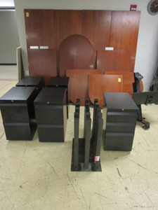 DESK UNIT WITH SOLID WOOD TOPS, FILE CABINETS, COMPUTER STAND