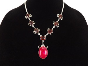 .925 Sterling Silver Ruby Crystal and Red Agate Dangle Pendant Necklace