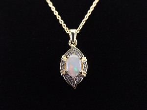 .925 Sterling Silver Diamond Accented Opal Cabochon Vermeil Pendant Necklace
