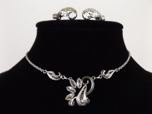 .925 Sterling Silver Filigree Crystal Necklace and Screw Back Earring Set