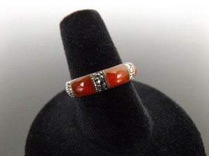 .925 Sterling Silver Art Nouveau Red Enamel Guilloche Ring Size 7.5