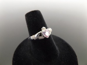 .925 Sterling Silver Heart Cut Amethyst Celtic Claddagh Ring Size 7