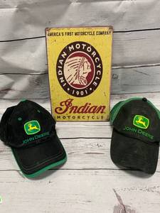 Indian Motorcycle Metal Sign & 2 Old John Deere Hats