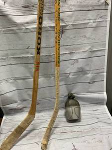 Lot of 2 Vintage Wood Hockey Sticks, Canteen
