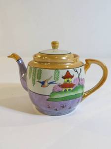 White & Orange Lusterware Ceramic Teapot