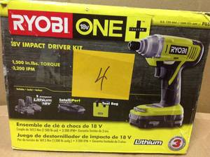 lot 4 image: RYOBI 18-Volt ONE Lithium-Ion Cordless 14 in. Impact Driver Kit with (2) 1.3 Ah Batteries, Dual Chemistry Charger, Tool Bag in very good condition