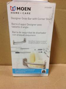 lot 10 image: MOEN 9 in. x 1 in. Screw Grab Bar with Corner Shelf in Brushed Nickel in very good condition