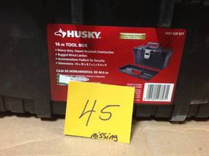 lot 45 image: Husky 16 in. Plastic Portable Tool Box with Metal Latch (1.6 mm) in Black MISSING