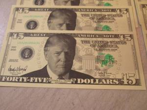 lot 134 image: 10 Trump 45 Dollar Bills No Monetar...