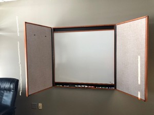 lot 5 image: Conference Room Whiteboard Cabinet - Excellent Condition Wood Finish Matches Credenza 4 ft by 4ft
