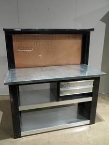 lot 36 image: Husky Brand Workbench with Riser Shelf and Backpanel