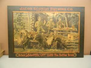 lot 2 image: VERY RARE SCHMIDT BEER HUNTING CAMP SIGN - APPROX 47 BY 32 WOOD - ONLY 25 MADE - NICE - SEE PICTURES