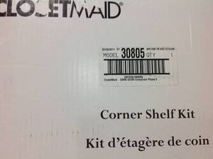 lot 29 image: Impressions 28 in. D x 28 in. W x 1.6 in. H Dark Cherry Corner Wood Wall Mounted Shelf Kit with Trimin good condition