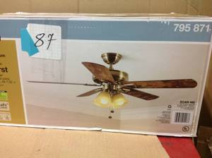 lot 187 image: Hampton Bay Lyndhurst 52 in. LED Antique Brass Ceiling Fan with Light Kit in good condition