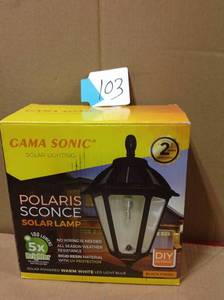 lot 103 image: Gama Sonic Polaris Sconce 1-Light Black Outdoor Integrated LED Solar Wall Lantern Sconce with GS Solar Bulbin good condition