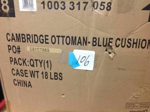 lot 106 image: Hampton Bay Cambridge Brown Wicker Outdoor Patio Ottoman with Standard Midnight Navy Blue Cushions not used