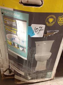 lot 107 image: American Standard Optum VorMax Complete Tall Height 2-piece 1.28 GPF Elongated Toilet in White with Slow Close Seat not used