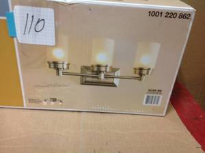 lot 110 image: Hampton Bay Cade 3-Light Brushed Nickel Vanity Light with Frosted Glass Shades not used