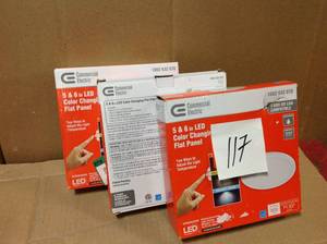 lot 117 image: Lot of 3 Commercial Electric 6 in. J-Box 12-Watt Dimmable White Integrated LED Round Flat Panel Ceiling Flush Mount Light with Color Changing CCTin good condition