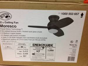 lot 118 image: Hampton Bay Moresco 32 in. Indoor Oil Rubbed Bronze Ceiling Fan with Light Kit and Wall Controlin good condition