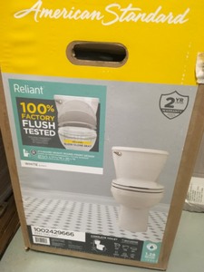 lot 130 image: American Std Optum VorMax Complete Tall Height 2-piece 1.28 GPF Elongated Toilet in White with Slow Close Seat not used