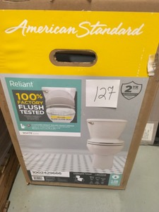 lot 127 image: American Standard Reliant 2-Piece 1.28 GPF Single Flush Round Toilet with Slow Close Seat in White in very good condition