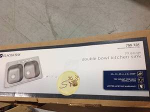 lot 5 image: Glacier Bay Drop-In Stainless Steel 33 in. 4-Hole Double Bowl Kitchen Sink not used