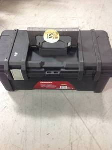 lot 15 image: Husky 26 in. Plastic Portable Tool Box with Metal Latches in Black SEE PHOTO DAMAGE