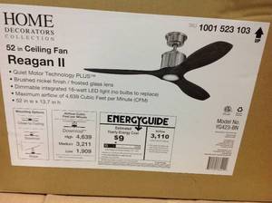 lot 21 image: Home Decorators Collection Reagan 52 in. LED Indoor Brushed Nickel Ceiling Fan with Light Kit and Remote Controlin good condition