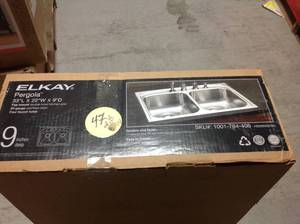 lot 47 image: Pergola Drop-In Stainless Steel 33 in. 4-Hole Double Bowl Kitchen Sink not used