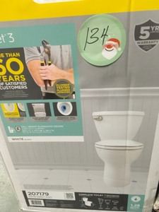 lot 134 image: American Standard Cadet 3 FloWise Tall Height 2-Piece 1.28 GPF Single Flush Elongated Toilet in White with Slow Close Seat not used in good condition